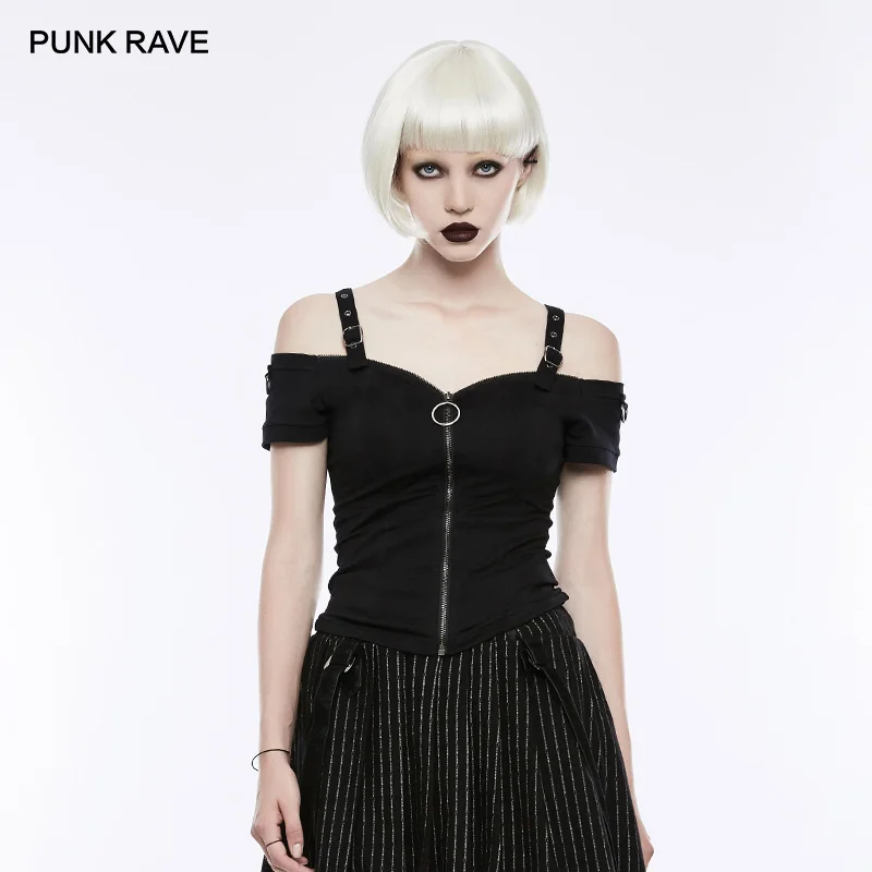 

PUNK RAVE Women's Punk Daily Black Short Sleeve Personality T-Shirt Gothic Casual Fashion Strapless Ladies Slim Sexy Tees Tops