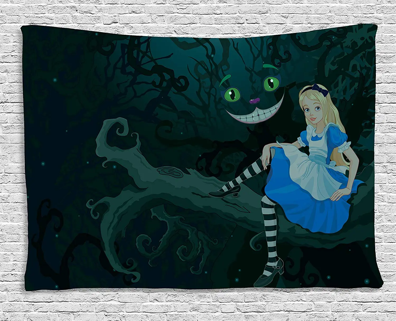 Alice in Wonderland Decor Tapestry Alice Sitting on Branch Chescire Cat