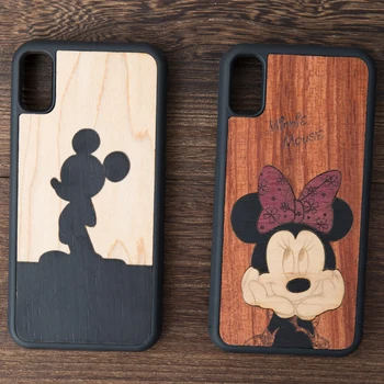 

Mickey and Minnie real wood mobile phone case for Iphone 6 s 7 8 plus X S retro business phone shell
