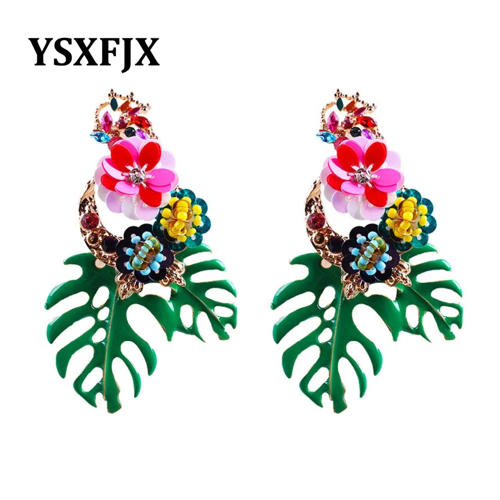 

YSXFJX exaggerated big personality Mi Zhu Sequin Leaf Flower Earrings Bohemia Earrings Earrings Zircon Flower Spring Earrings