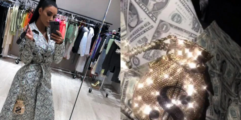 Шикарный Тренч для денег Платье с принтом доллара и Билла KimKardashian с v-образным вырезом и поясом, украшенное длинными рукавами, наряд для денег, уличная одежда