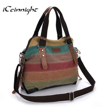 iCeinnight Canvas Striped Women Messenger Bags High Quality Casual Tote Big Handbag School Shoulder Bag with long belt bolsas