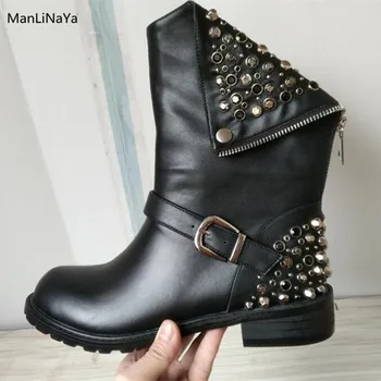 

Buckle Belt Rivet Decor Women Punk Boots Genuine Leather Metal Black Rhinestone Women Martin Boot Cool Style Motorcycle Boots