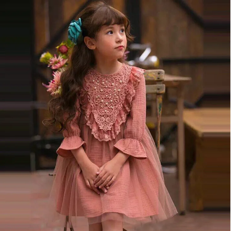 2016 New Spring Autumn Girl Korean Style Mesh LaceDress Kids Children Clothing Princess One Piece with