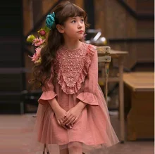 2016 Nouveau Printemps Automne Fille Coréenne Style Maille LaceDress Enfants Enfants Vêtements Princesse D’une Seule Pièce avec Flare Manches