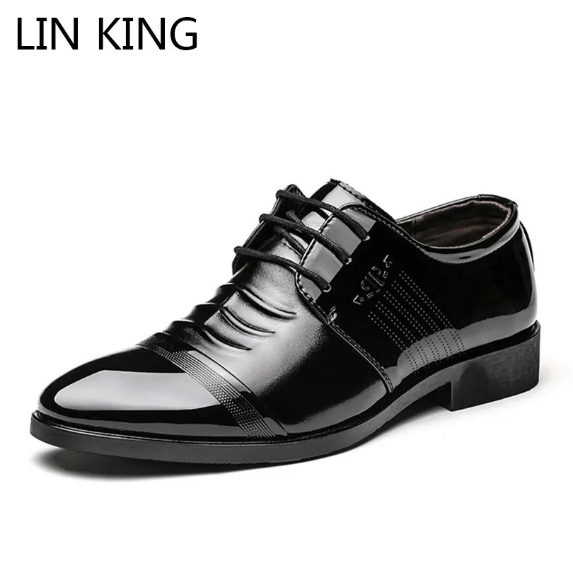 LIN KING Fashion Lace Up Men Leather Shoes Shallow Office Work Dress Shoes Pointed Toe Oxfords