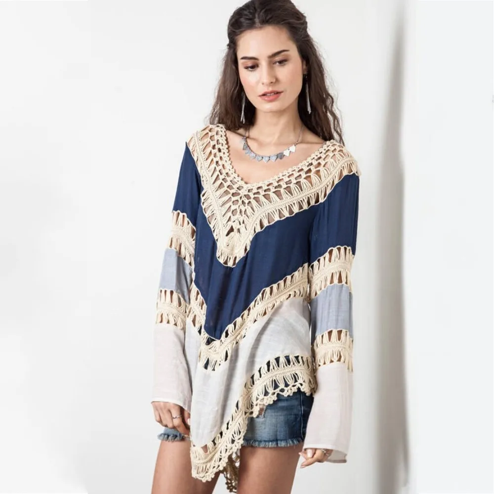 Bellyanna лето 2016 Для женщин Boho пляж blusas oversize Кружево Крючком Вязаная рубашка в стиле