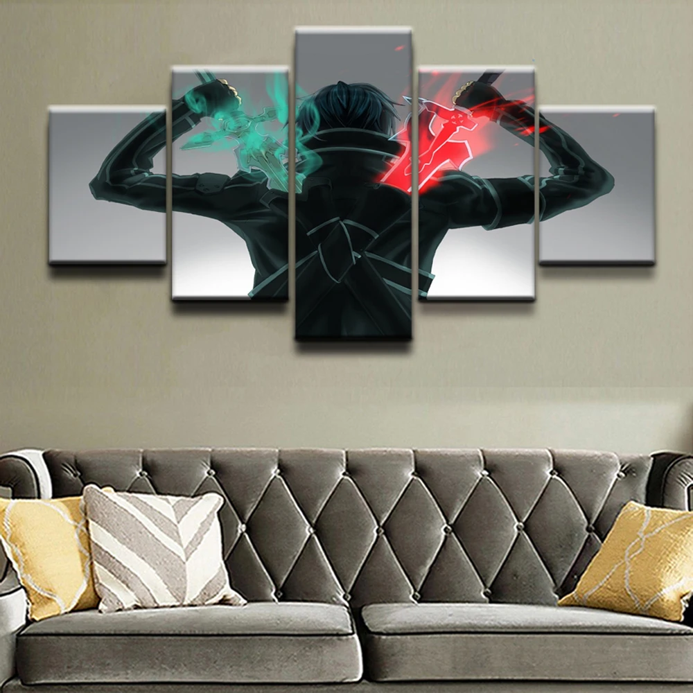 Canvas Pictures Home Decor Prints Wall Art 5 Pieces Anime Sword Art Online Poster Kirito Warrior Posters Painting Framework