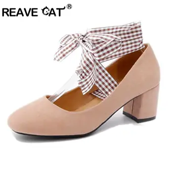 

REAVE CAT Sexy Women Pumps Flock Thick Heels Shoes Women Party Cross Tie Bowtie Casual Pumps Stiletto Pumps Zapatos Mujer A469