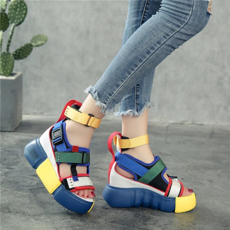 

SWYIVY Shoes Women Sandals Platform 2019 Female Blue Shoes Casual Summer Sandals Wedge Chunky High Heel Sandal Rome Ankle Belt