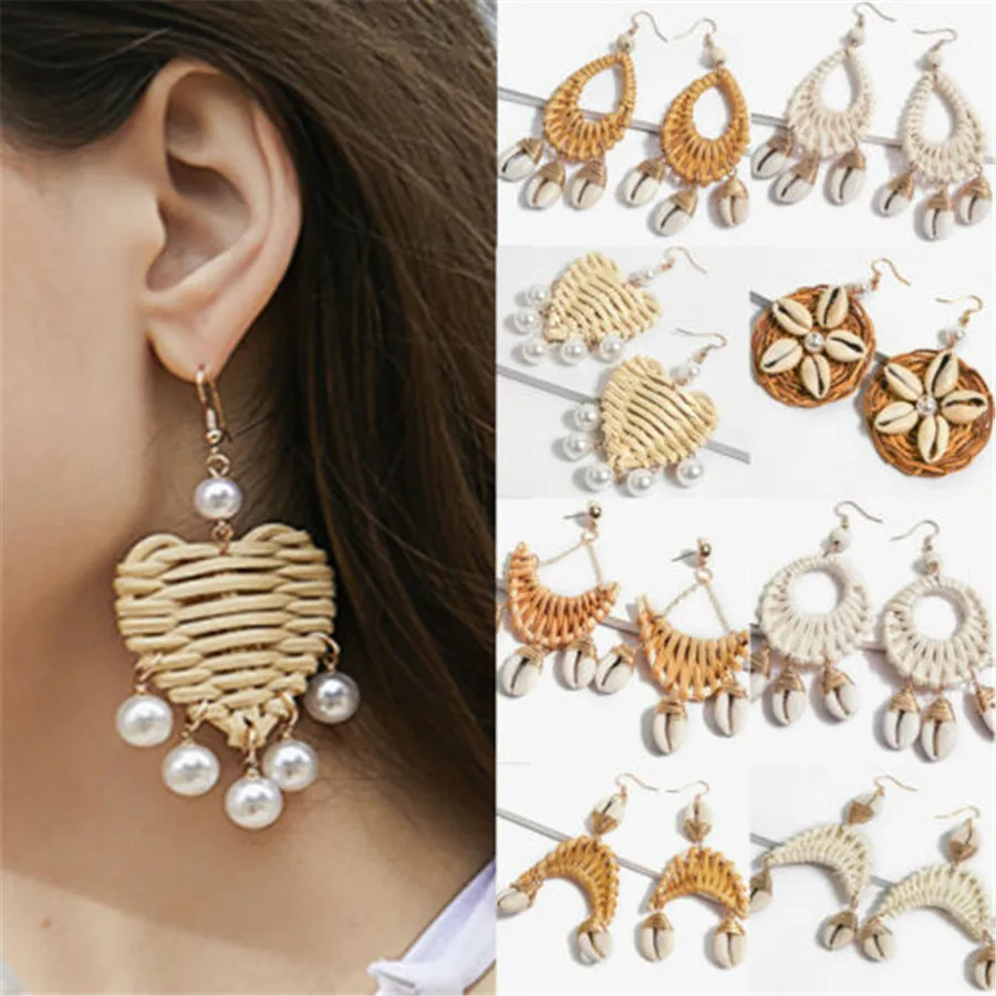 

Boho Natural Sea Shell Straw Knit Rattan Earrings Handmade Women Long Ocean Style Earring Beach Pendientes Statement Jewelry