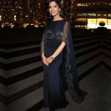 Appliques Stickerei Marineblau Abendkleid mit Wrap Perlen Lange Meerjungfrau Abendkleid Arabische Kleider Abendkleider 2016