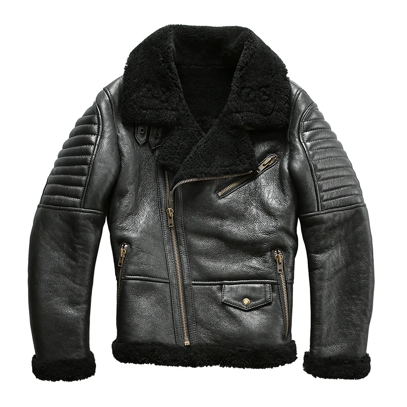 

8016 high quality super warm genuine sheep leather jacket mens big size B3 shearling bomber military fur jacket