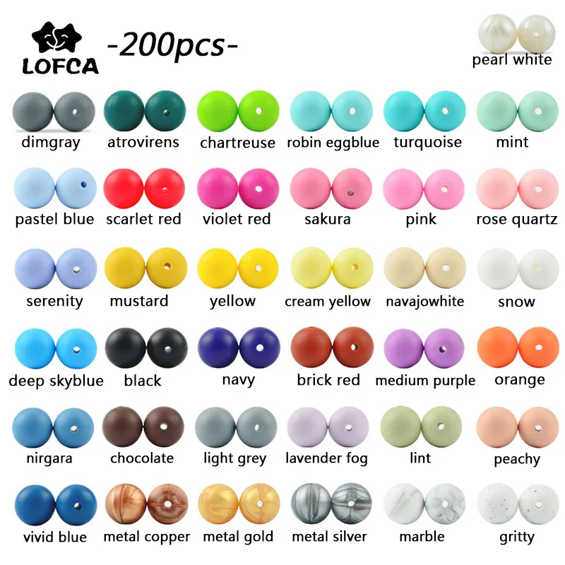 

LOFCA 200pcs/lot Silicone Beads 15mm Round Teething Necklace Baby Teether Toy BPA Free DIY Chew Charms Newborn Nursing Accessory