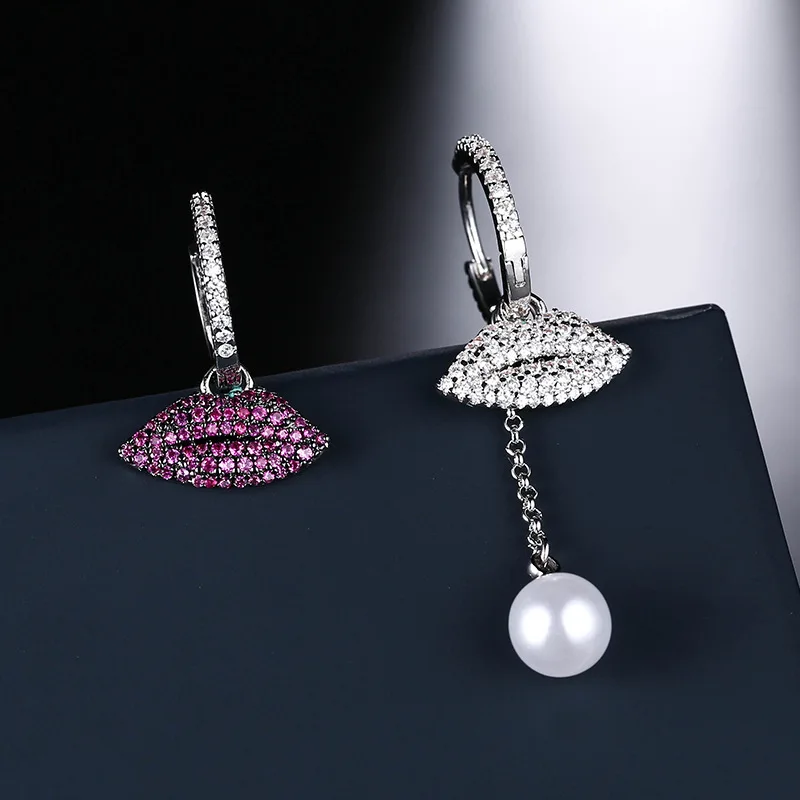 

New Women Sexy Mouth Earrings Rhinestone Inlaid Ear Jewelry Asymmetry Pearl Brincos Fashion 2019 ZK40