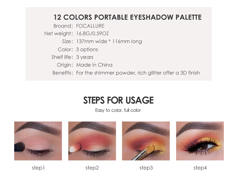 FOCALLURE 12Colors Eyeshadow Palette Glitter Shades High Pigment Eye Makeup Nude Eye Shadow Palette