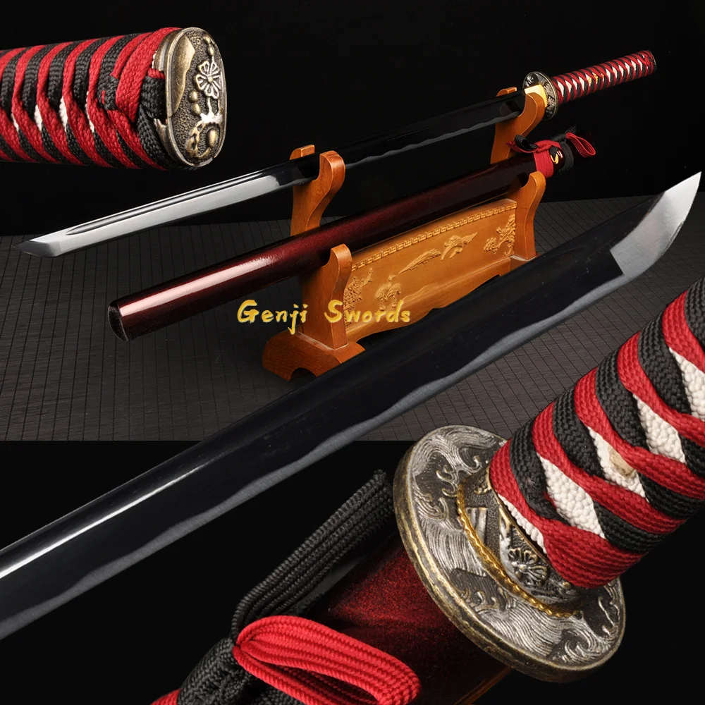 

Fully Handmade Full Tang Real Japanese Stright Sword Black 1045 Carbon Steel Samurai Katana Sharp Edge Brass Tsuba