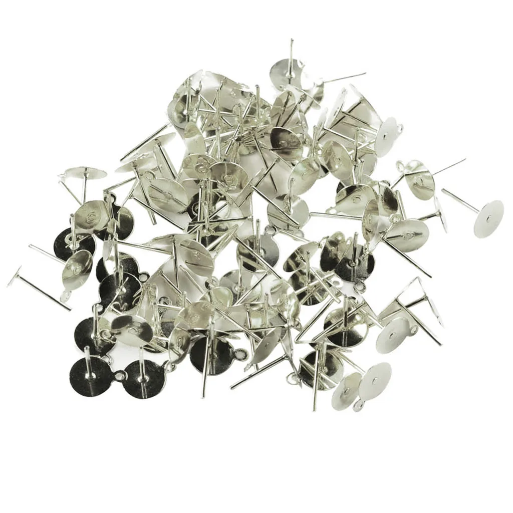 100Pcs Fashion 10x12mm Flat Pad Earring Post Ear Stud Post DIY Beads Holder Pearl Base Jewelry Findings Craft Making Accessories