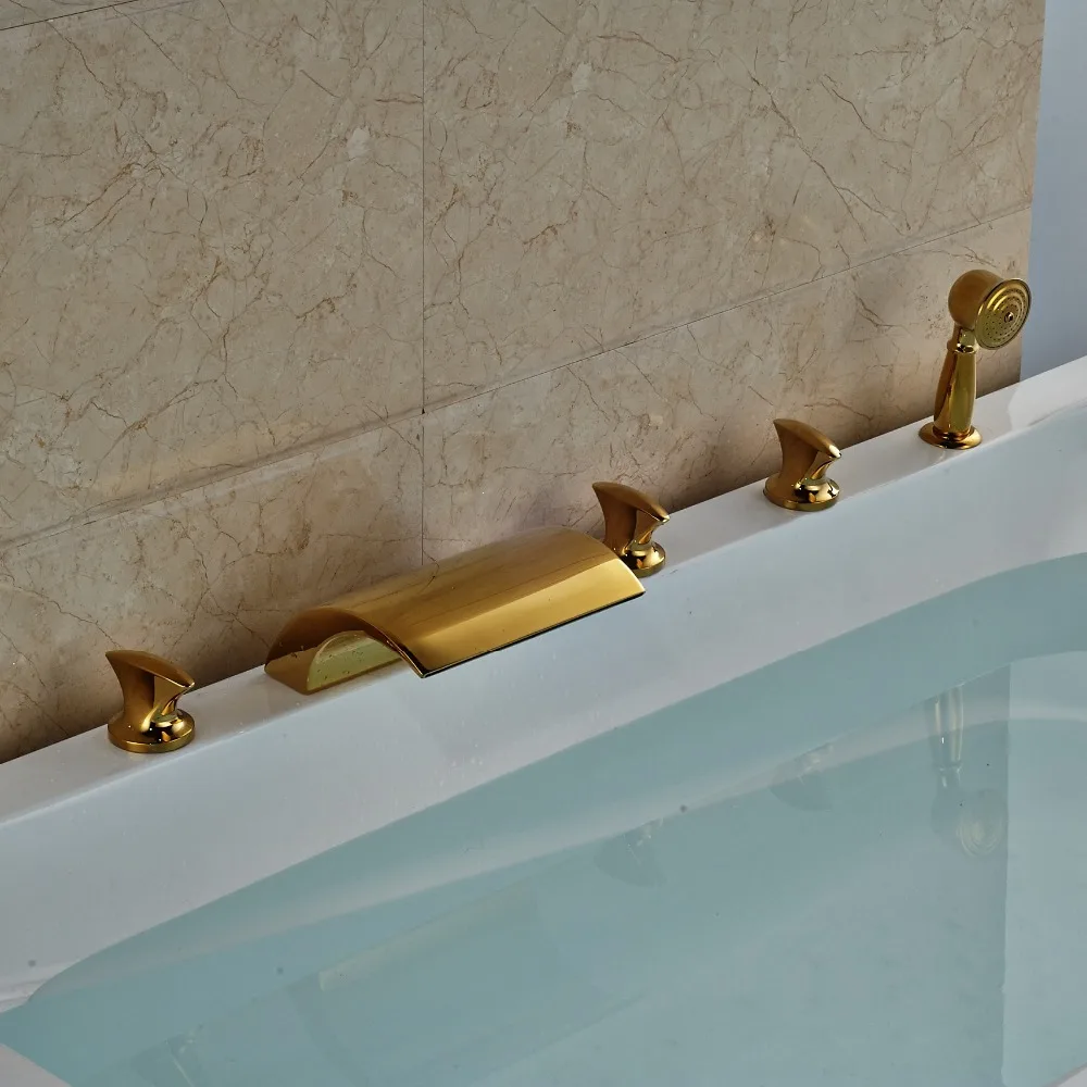 

Luxury Gold Polish Tub Faucet 5pcs Deck Mounted Waterfall Spout With Hand Shower