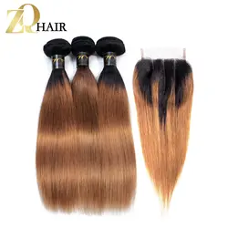 ZQ волос бразильский прямо натуральные волосы 3 Связки с закрытием 1B/30 Цвет 100% бразильский-Волосы remy ткань Бесплатная доставка