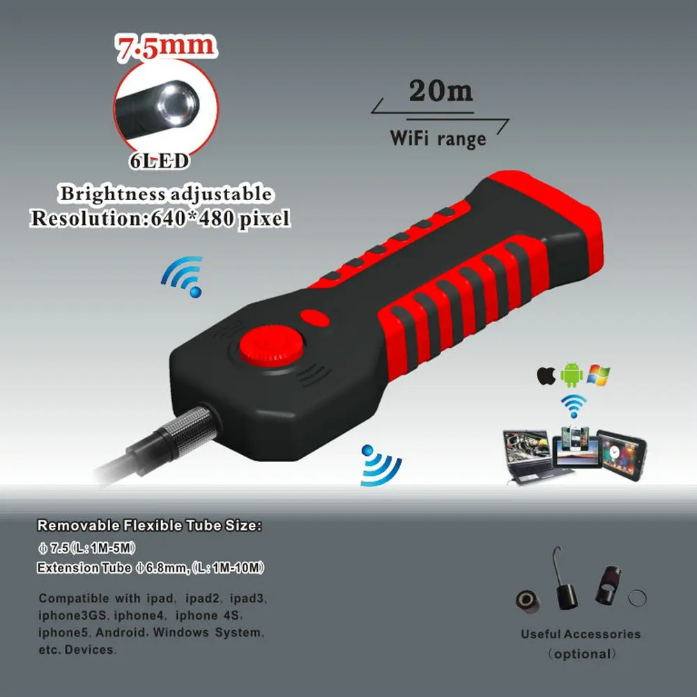

99W2-85200L1 1280*720P 8.5mm WiFi Endoscope Borescope Inspection Camera DVR W/ 4LED Support IOS Andriod Windows DHL Shipping