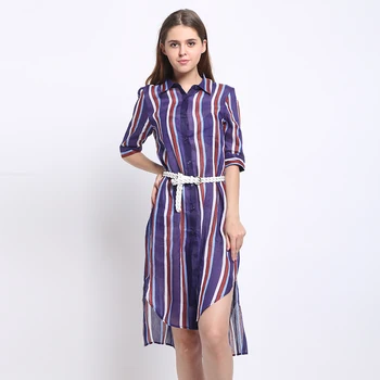 

Silk Linen Long Shirt Women Casual Desigual Stripe Shirts Summer Style Printed Pattern With Leather Belt Plus Size Free Shipping