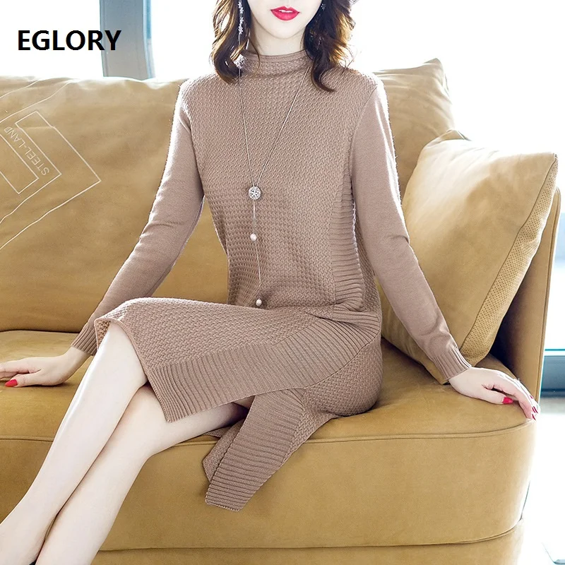 Femmes Laine Marque Mi Long Robe Les Roulé De Qualité Dame Pull Split Tricoté veau Haute Pour Col Casual Chaud Mode Onv0v5wq