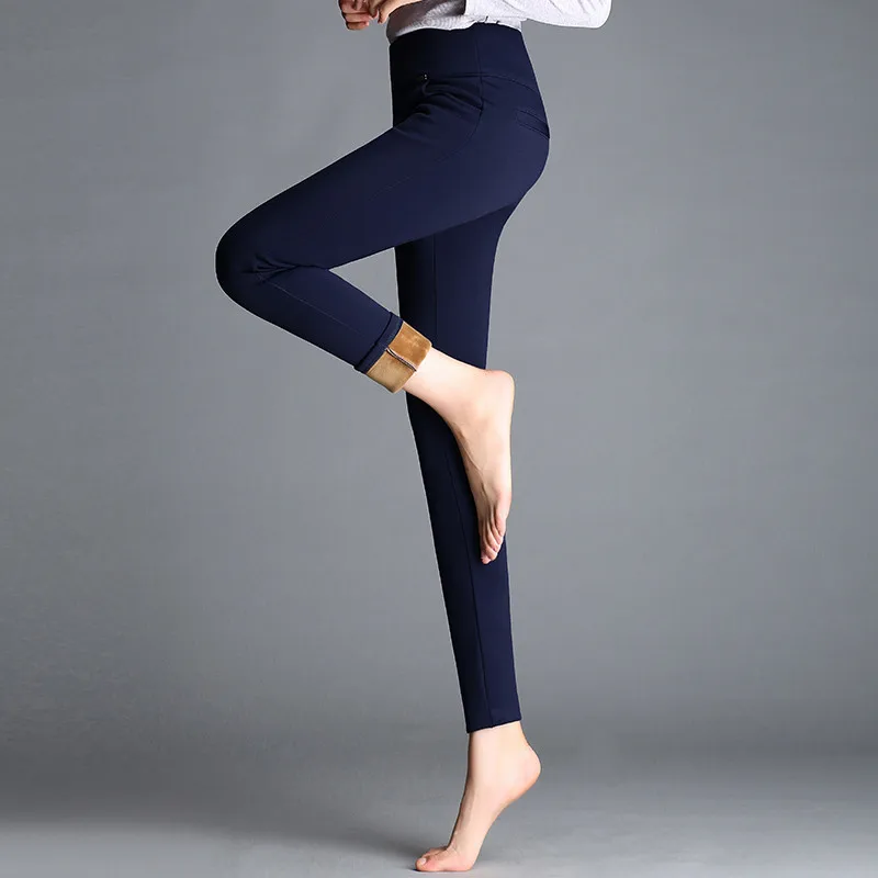 

Winter Europe US Women Warm Leggings Skinny Slim Fleece Thick Velvet Pants High Waist Elastic Lady Red Blue Casual Long Trousers