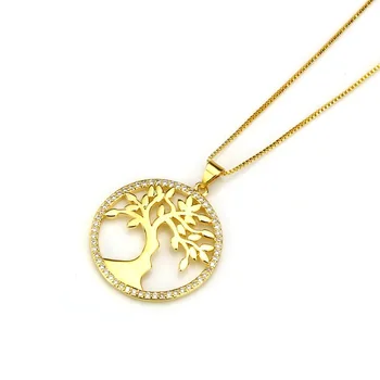 

12pcs South America foreign trade round Life Tree Necklace copper plated gold zircon tree hollow Pendant