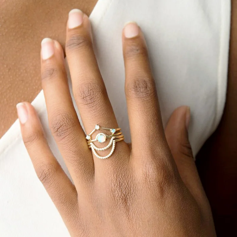 

New Fashion Hollow CZ Ring Women Wedding Popular Multilayer Band Gold Color fire opal Finger Rings for Lady delicate charm gifts