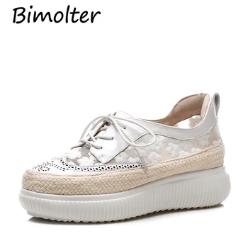 

Bimolter Cow Leather + Floral Mesh Women Casual Flats White Black Pink Women Girls School Shoes British Styles Sweet Shoes FC084