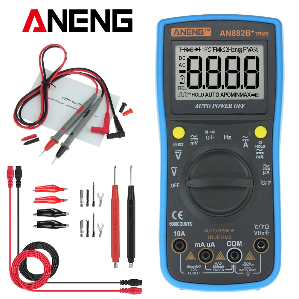 

ANENG AN882B+ Digital Multimeter Auto Range AC/DC Meter 6000 Counts LCD Display Current Backlight Temperature Measurement NEW