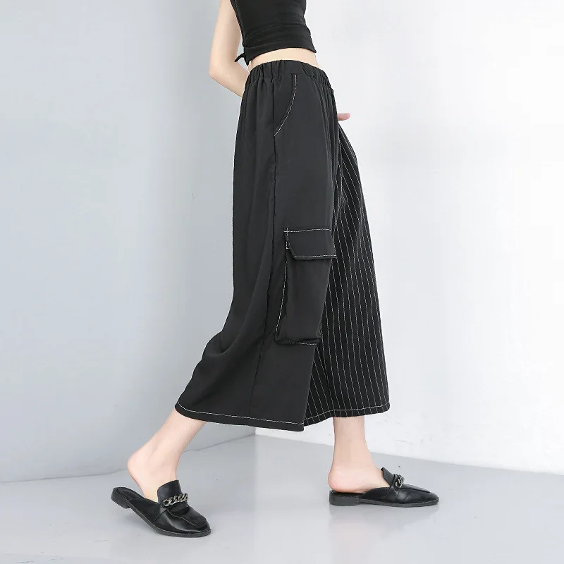 Women Streetwear Fashion Loose Casual Striped Spliced Wide Leg Pants Female Elastic Waist Punk Gothic Haren Straight Trousers Women Streetwear Fashion Loose Casual Striped Spliced Wide Leg Pants Female Elastic Waist Punk Gothic Haren Straight Trousers