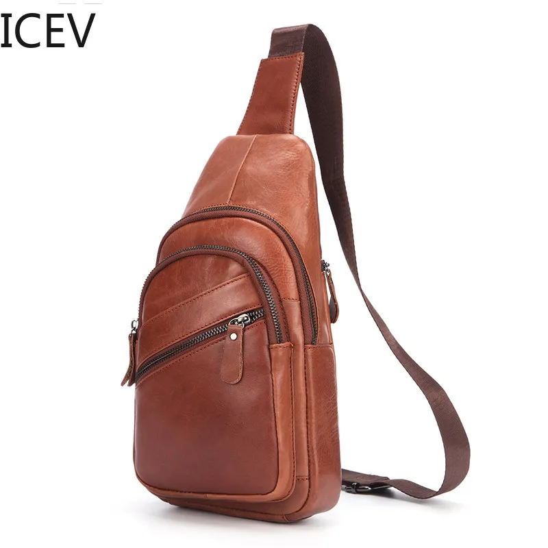 

ICEV European Fashion Men's Genuine Leather Chest Bag Shoulder Bag Casual Messenger Bag Youth Business Travel Multi-function Bag