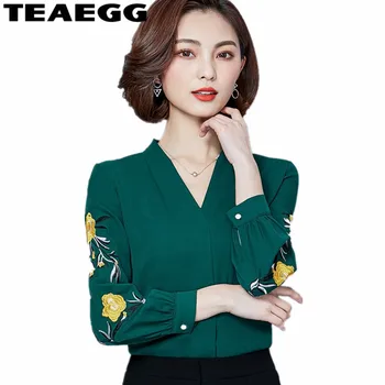 

TEAEGG Embroidery Woman Blouse 2020 Spring Summer Blusas Femininas 2020 Green Elegant Blouse Chiffon Women Shirts Tops AL974