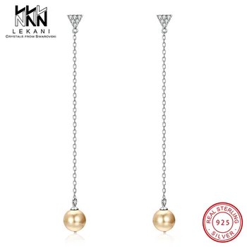 

Long 925 Sterling silver Pearl Crystal From Swarovski Gold Pearl Simple Long Chain Earrings For Women Temperament Wild Jewelry