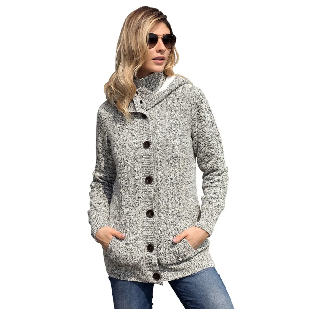 2019 Spring/ Autumn New Arrival Women Knitted Sweater Button Design Solid Color Hooded Coat 2019 Spring/ Autumn New Arrival Women Knitted Sweater Button Design Solid Color Hooded Coat