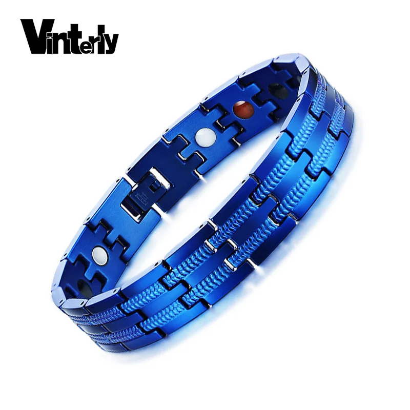 Vinterly синий магнитный браслет для мужчин из нержавеющей стали звено цепи браслеты и браслеты панк энергетические украшения браслет для мужские ювелирные изделия