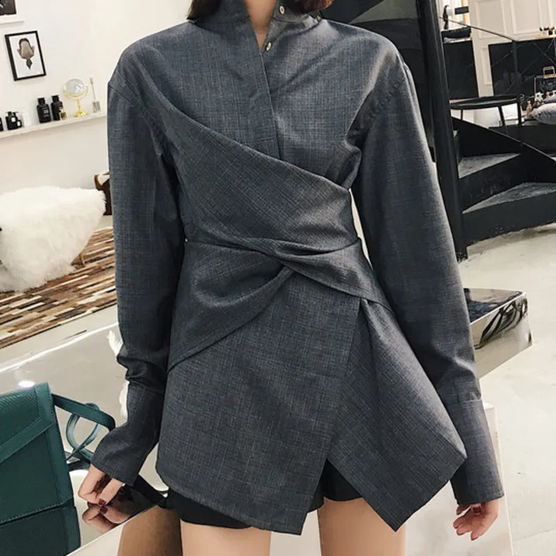 Goedkoop Lanmrem 2020 Nieuwe Grijs Cross Taille Onregelmatige Ontwerp Stand Kraag Shirt Asymmetrische Temperament Persoonlijkheid Vrouwen Blouse BC631