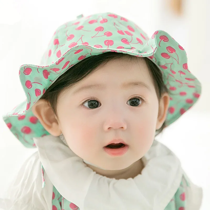 

Newborn Baby Girl Caps Cherry Printed Hat Princess Baby Sun Hat Kids Summer Outdoor Cotton Cap Children Girls Beach Basin Hat