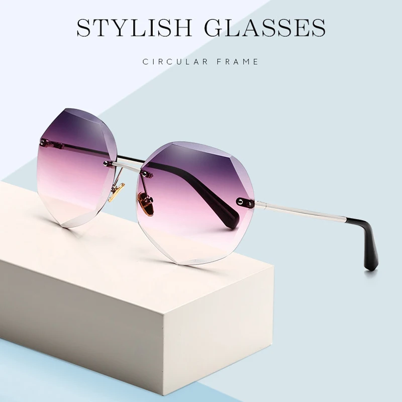 

MIZHO 2019 New Luxury Brand Design Lady Round Rimless Sunglasses Women Cutting Lens Vintage Ocean Sun Glasses