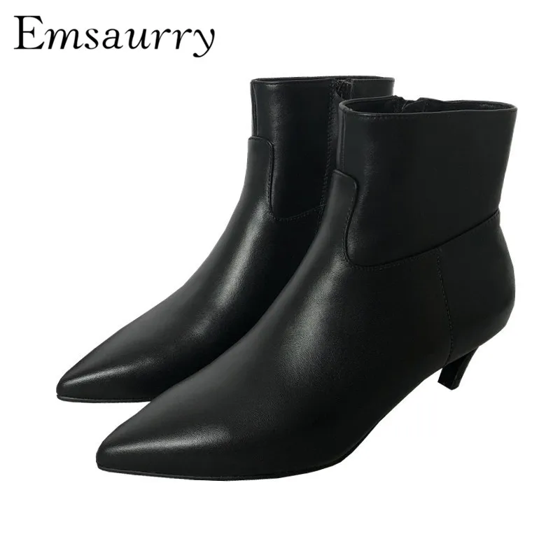 

Concise Black Geniune Leather Short Booties For Women Kitten Heel Point Toe Side Zip Autumn Winter Ankle Boots