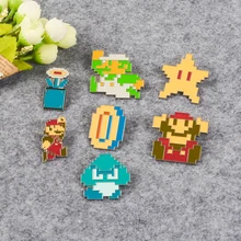 Pixeles clásicos Pines de juego Vintage niños videojuegos broches grandes Luigi salto esmalte Pin insignia Super estrella joyería de dibujos animados