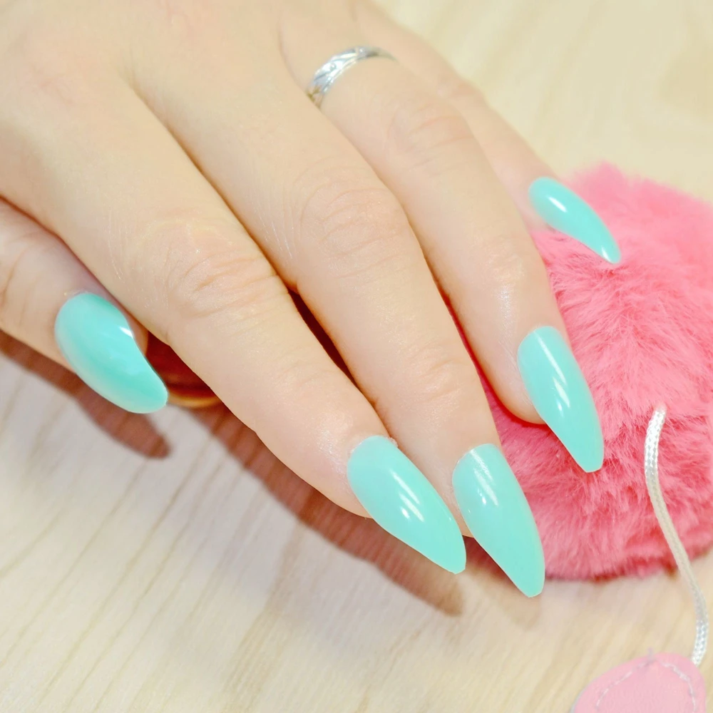 

24pcs Stiletto Point Shape Fake Nails Candy Cyan Green Faux Ongles Full Cover ABS False Nails Artificial Tips