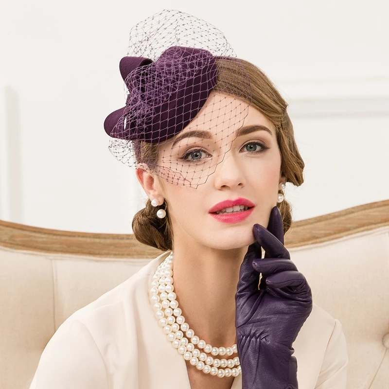 

New Arrival Vintage Wedding Cap England Women Wool Beret Hat Dotted Veil Mesh Fedora Hat Ladies Church Fedora Caps
