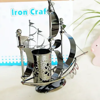 

Home Office Nautical Decoration Warship Sailing Model Handmade Metal Craft Ship Pen Box Antique Sailboat Model Bar Furnishings