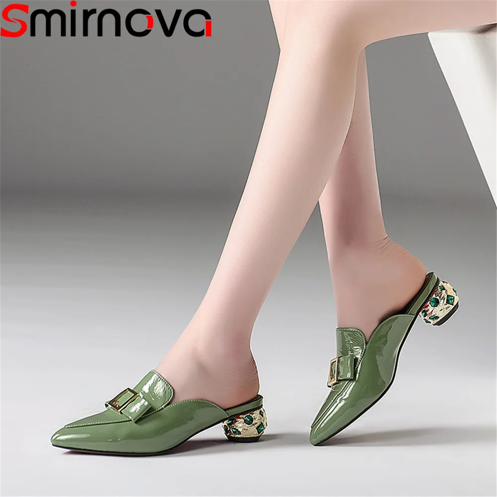 

Smirnova 2018 fashion summer new shoes woman pointed toe shallow casual mules shoes crystal women slippers genuine leather shoes