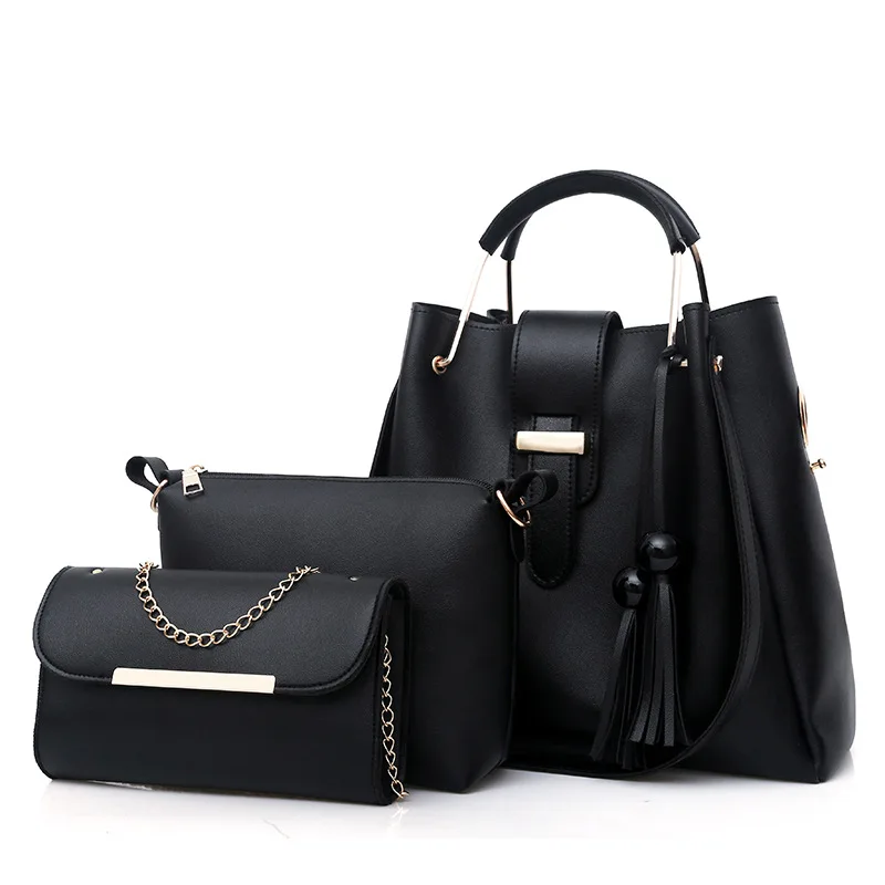 3-Piece Women's Leather Handbag Set: Large Capacity Casual Tote Bag with Tassel Bucket Purses and Shoulder Bags image 5