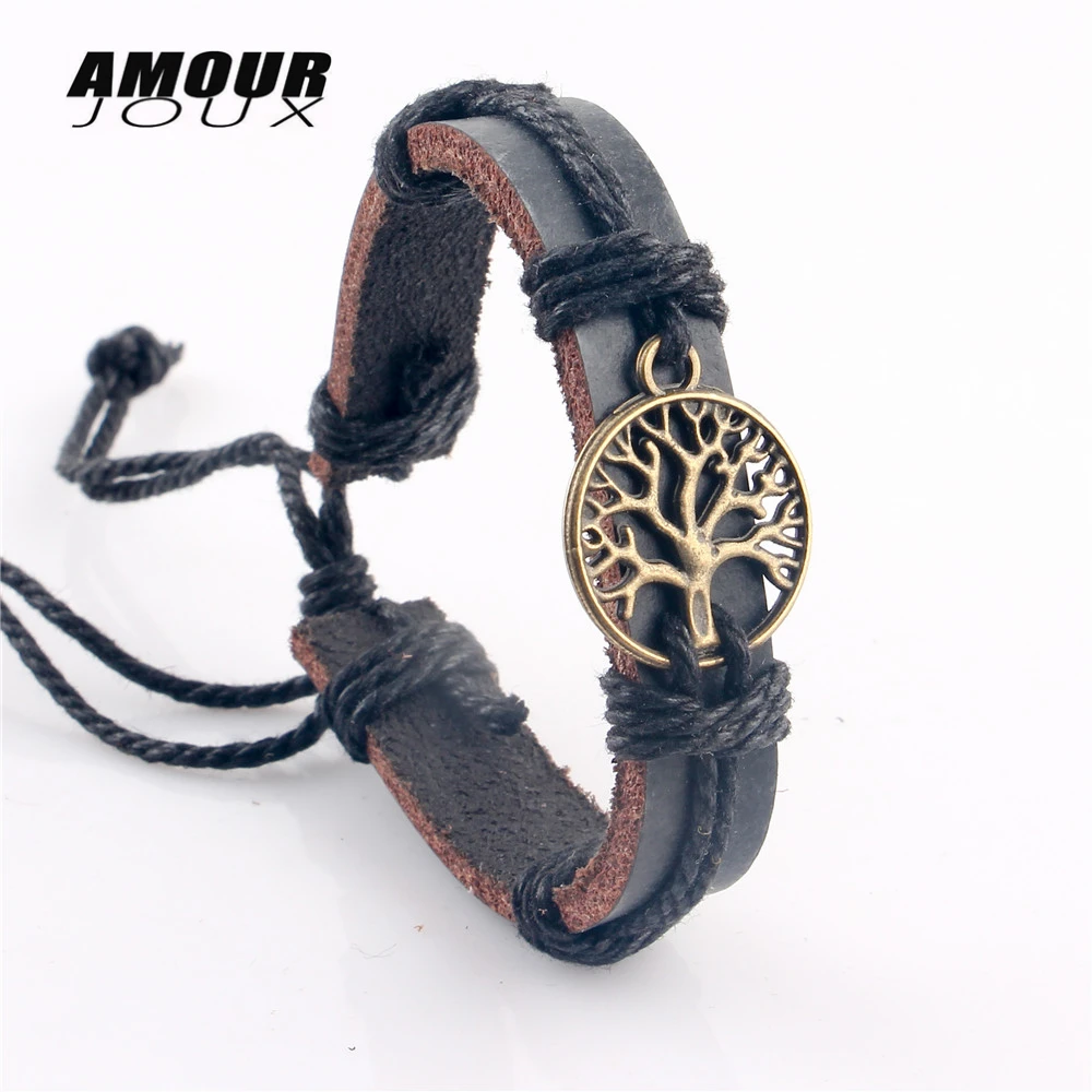 

AMOURJOUX 2018 Vintage Hollow Tree Charm Black Leather Bracelets & Bangles For Women Men Adjustable Rope Length Bracelet