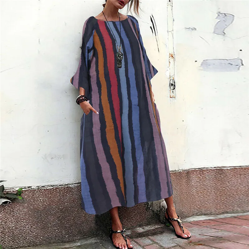 

Women Summer Autumn Dress 2019 Fashion Bohemian Striped Print Loose Large Size Women's Dress With Pocket Casual O-Neck Dress Jul